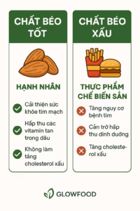so sánh chất béo tốt có trong hạnh nhân và chất béo không tốt từ các sản phẩm chế biến